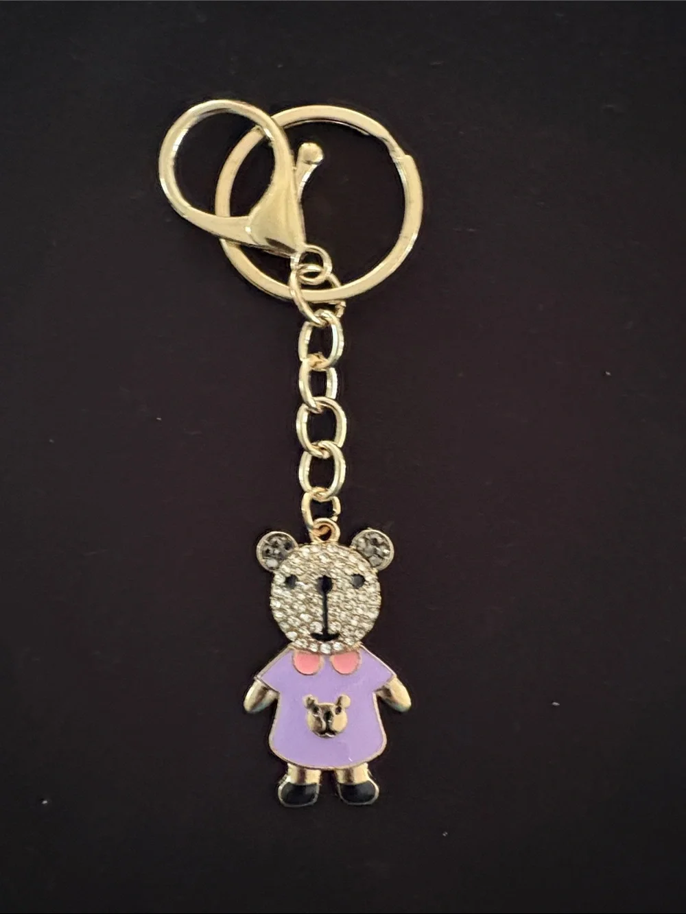 Cute Gold-Tone Crystal Teddy Bear Keychain Bag Charm with Lavender Dress